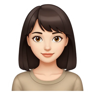 Attractive young woman with dark brown bangs and subtle makeup, confident smile sticker