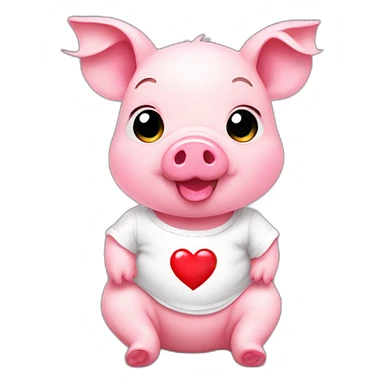 A pink baby pig with a white t-shirt on which there is a red heart, sticker