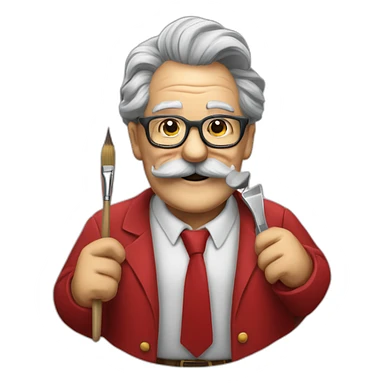 smiling old painter wearing a big grayl horeshoe mustache and glasse. he has a paintbrush in his hand. he wears red shirt and tie sticker