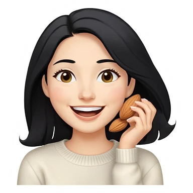 A woman with longer black hair, light to medium skin tone, full cheeks, and almond-shaped eyes, wearing a simple white sweater, joyful and radiant expression, cheerful, laughing. sticker