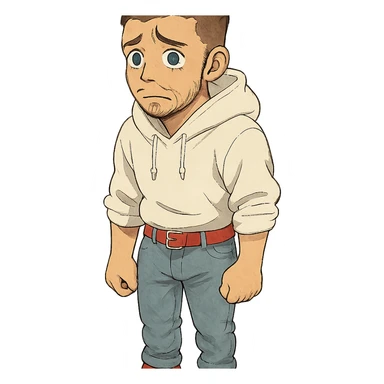 1 male, mid fade haircut dark chestnut brown curly hair, toasted lightskin, white hoodie sleeves up, fashion jeans, red fashion-sneakers shoes, red belt, short trimmed beard and goatee,  style of deku from "my hero academia", FACIAL EXPRESSION IS VERY SAD, TEARS WELLING UP sticker