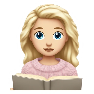 Pretty blue eyed white girl with light pink sweater reading cozy sticker