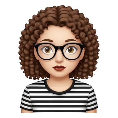 I want to describe me. I am a girl with brown hair amd curly hair. I have brown eyes and black glasses and long lashes with mascara. My lips are medium and my nose as well. I wear a white T-shirt  with black stripes. I am white skin with long curly hair sticker
