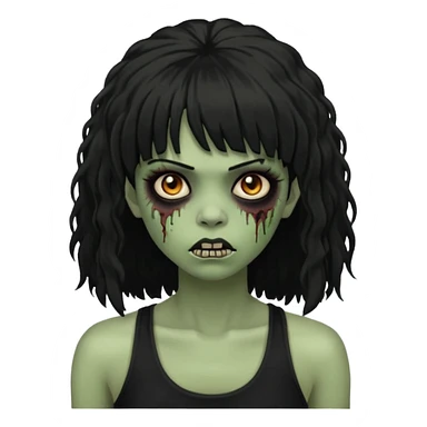 a female zombie with sage green skin, black long afro hair with bangs, and a black tank top  sticker