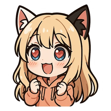 chibi anime catgirl with one white cat ear and one black cat ear, longer blonde hair, blue eyes, white skin, peach colored hoodie, cute, heart eyes expression, twitch emote style, no background sticker