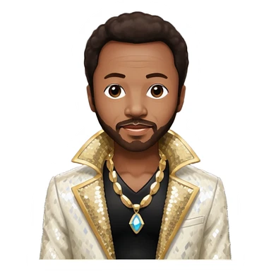 Maurice White from Earth Wind and Fire with dark brown hair, ivory sequin jacket, shirtless with necklace  sticker