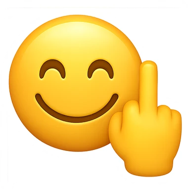 Make the smiley face and middle finger hand look more like a mobile phone emoji, with rounded shapes, glossy finish, and a style similar to standard phone emoji icons, keeping the transparent background. sticker