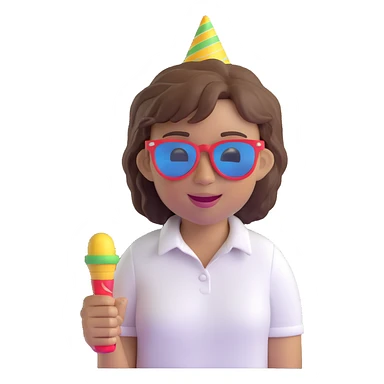 3D emoji style character with short tousled brown hair, light skin, white shirt, festive party vibe, sunglasses, party horn, cheerful expression, fiestero emoji sticker