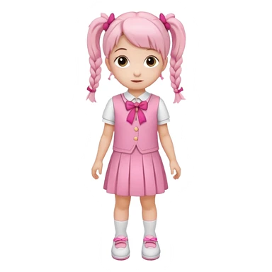 small girl wearing pink student uniform, white dress, white shoes and a bow on her pigtail hair sticker