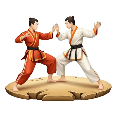Two martial artists in traditional Wushu attire, performing elegant, fluid moves. The background shows a peaceful, scenic landscape with mountains and bamboo trees, symbolizing the balance of power and grace in Wushu.  sticker