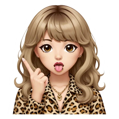  girl with brown medium length wavy hair with bangs, in leopard print gyaru fashion, with tongue out, middle finger sticker