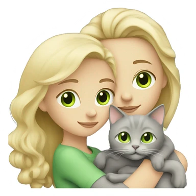 blonde girl with green eyes cuddling grey cat sticker