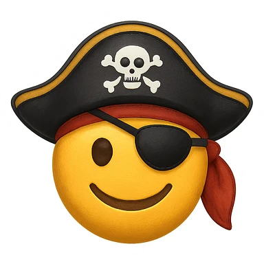 Add an eye patch over the blindfold for the pirate captain. Keep the pirate hat and smiling expression. Render in emoji style with transparent background. sticker