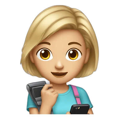 strigth short hair withe skin teenager girl playing with a cellphone sticker
