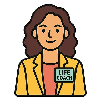 portrait of a calm, confident life coach woman with natural wavy hair, soft but energized expression, approachable professional style sticker