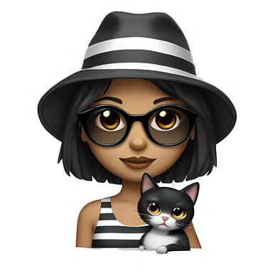 Girl with black hair, white complexion, wearing a black summer hat and round clear glass sunglasses, carrying a striped gray cat. sticker