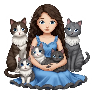 detailed realistic looking a dark grey and white cat regally sitting with six other cats, cuddling with their owner who is a pretty bratz lightly tanned white girl with long dark brown hair, blue eyes and gorgeous long wavy hair wearing a pretty detailed dress sticker