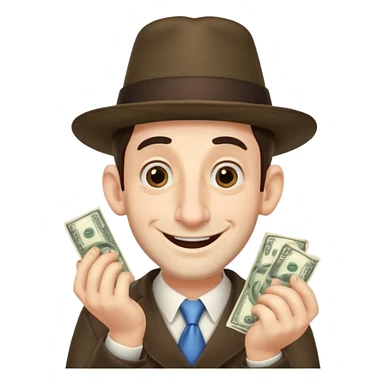 Jewish man with a big nose having his hands clenched together while smiling when he sees money , add the side curls and the funny hat  sticker