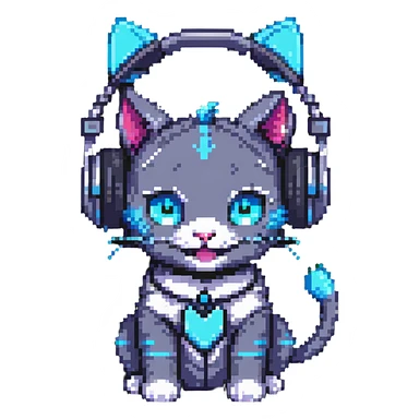 a smiling cybercat wearing headphones sticker