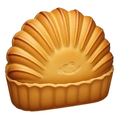 A madeleine pastry. Oval shaped with vertical lines going in the same direction as the oval. Light golden brown. Scalloped edge. Cookie. sticker