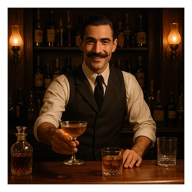 A speakeasy bartender, mustache, vest, serving drinks behind a classic bar, dimly lit. sticker