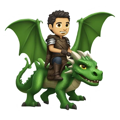 Determined armored White Man with dark brown pompadour hair and a short beard riding on the back of a giant green dragon sticker