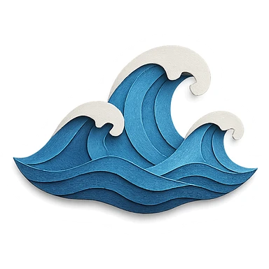 illustration of ocean waves made of layered blue paper with white foam accents in paper-craft style sticker