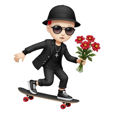 ["A sad boy with pale skin, bald, wearing a sunhat and sunglasses, dressed in goth fashion, is skateboarding while holding a flower bouquet."] sticker