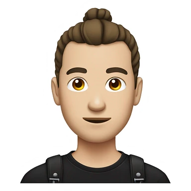 round face chinese guy with fair skin and man bun and black shirt and bass guitar sticker