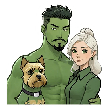 A blonde white women stands beside a handsome, muscular Korean man with black hair styled in a sharp point, a full goatee, and a blonde Yorkshire Terrier in his arms sticker