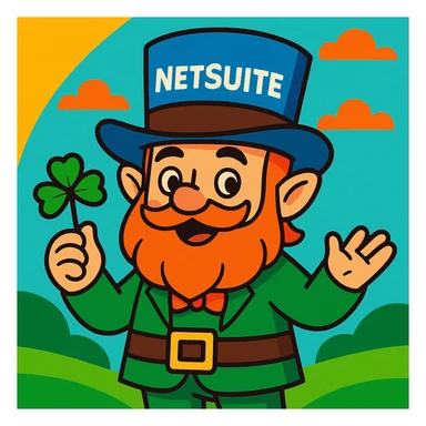 cartoon leprechaun, blue hat featuring the word 'NetSuite', whimsical and bright sticker