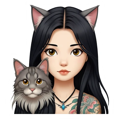a Chinese girl with long black  straight hair and tattoos and Maine coon sticker