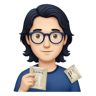 Young caucasian man with longer wavy black hair, round glasses, dark blue shirt, with theater playbill in hand sticker