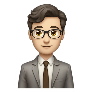 Pale skinned fit man with dark brown hair in gray jacket, beige office shirt, brown tie, brown pants and vintage glasses Writing on the flipchart sticker