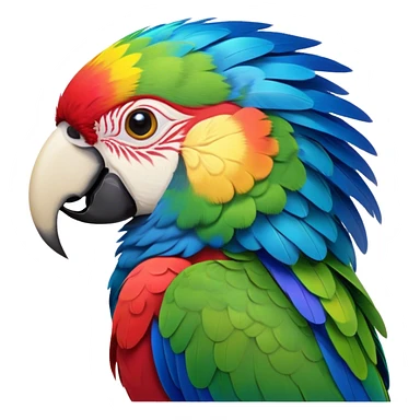 Cinematic Noble Macaw Portrait Emoji, Poised and regal, with vibrant, iridescent feathers in a spectrum of brilliant colors and sharp, intelligent eyes, Simplified yet sharp and sophisticated features, highly detailed, glowing with a soft, tropical radiance, high shine, majestic and graceful, stylized with an air of exotic elegance, focused and alert, soft glowing outline, capturing the essence of a watchful and confident avian guardian that seems ready to soar out of the screen with effortless authority! sticker