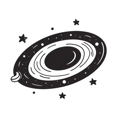 Milky Way galaxy, black doodle style, hand-drawn spiral and stars, simple and whimsical sticker