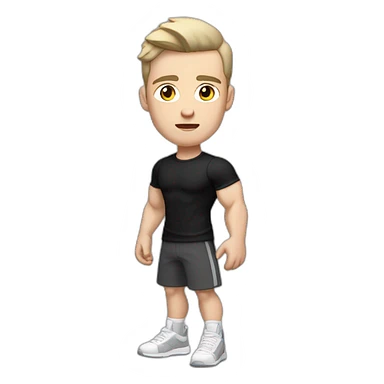 Confused Pale skinned Fit Man With the biceps and dark brown hair in black shirt, gray sports shorts and white Sneakers sticker