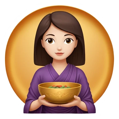 A woman  holds a Buddhist bowl in her hands. There is a glow around the girl. sticker