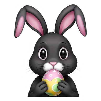 Black rabbit with a white nose, hanging ears  and holding easter eggs sticker