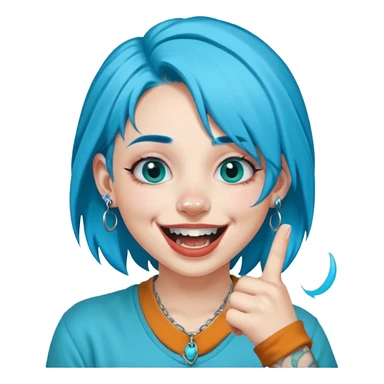 Cyan blue haired girl with double nose piercing septum piercing laughing in a menancing way and holding up middle finger  sticker