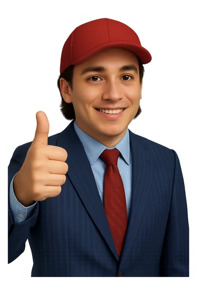 Change the skin tone to white. Maintain the 50% realistic emoji style of a smiling man in a pinstripe suit and red cap, giving a thumbs up. Transparent background. sticker