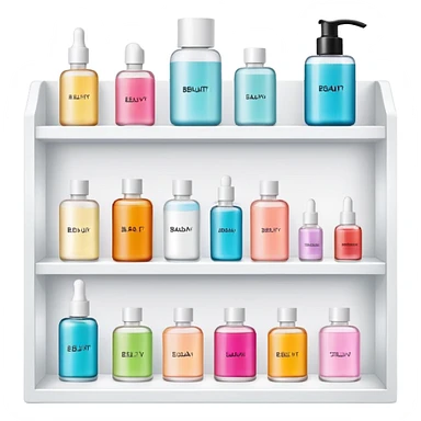 big long white shelf with one serum bottle labeled beauty brand and big sticky note next to it sticker