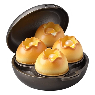 3D rendered authentic Hong Kong egg puffs (港式鸡蛋仔) being made in traditional iron mold, half-open showing bubble formation, golden batter, hyper-realistic texture sticker