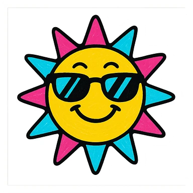 cheerful sun with sunglasses, bold outlines, vibrant palette, pop colors style sticker