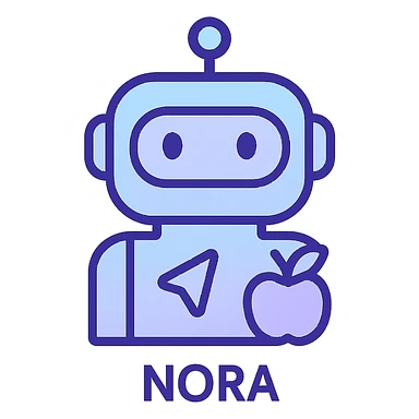 simple non-human nutrition navigator icon for Nora, gradient blend of light blue, light purple, and light gray, subtle navigation arrow, small fruit or vegetable accent sticker