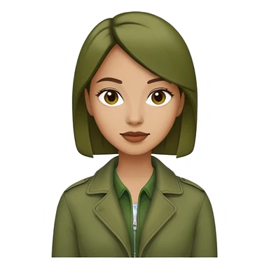 woman wearing dark olive green jacket over a lighter green top sticker