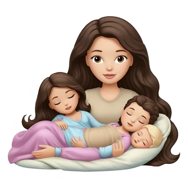 White Barbie girl dark brown long wavy hair in beige clothes sleeping with white baby at cream bed sticker