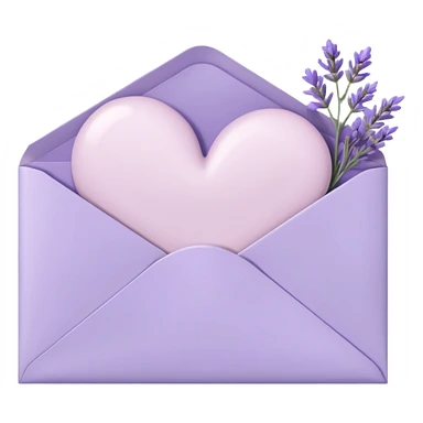 a closed pastel light whitish purple envelope with a white heart doodle on it, with some white papers, and lavender flowers laying on top  sticker