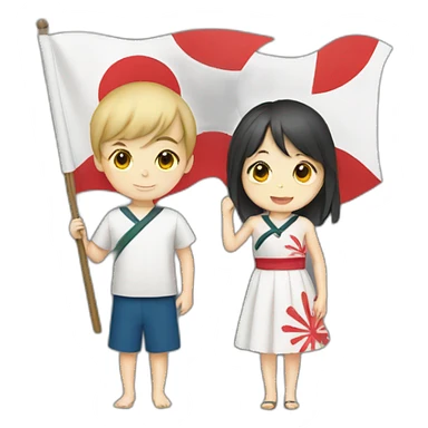 boy and girl holding Japanese flag sticker