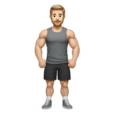 Full height realistic Actively gesturing with hands Pale skinned Fit Man With the biceps and brown hair in dark gray Sleeveless Mike, black oversize sports shorts, watch and white Sneakers sticker